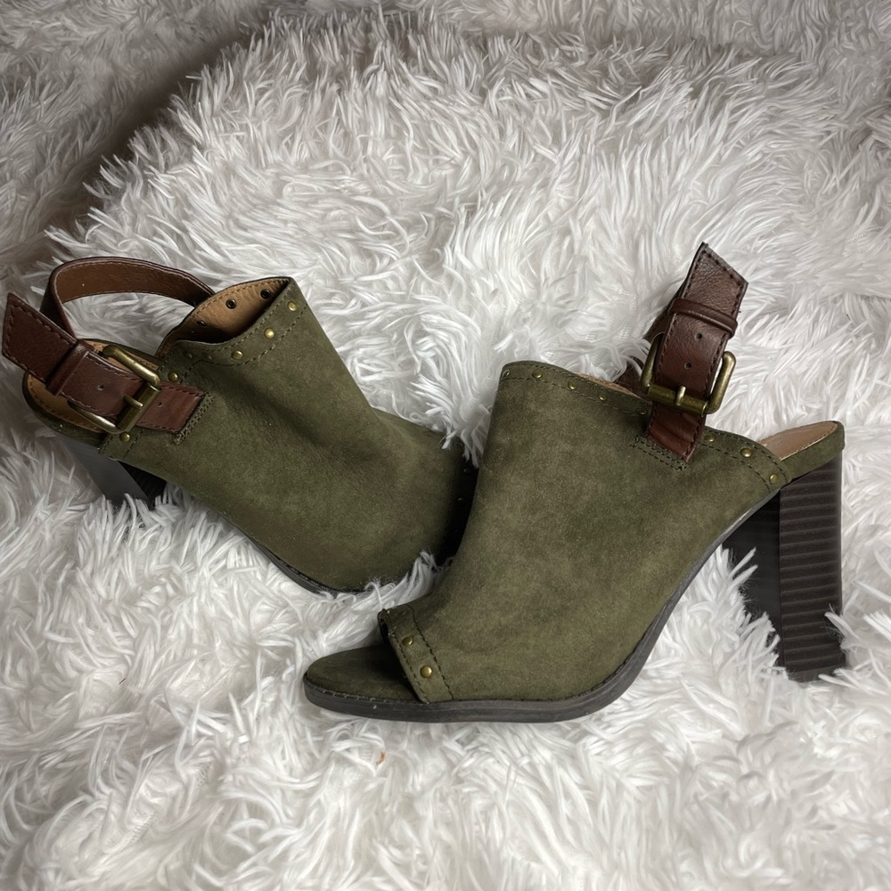 Olive green peep toe suede heels gold studs | Size 6 - Picture 3 of 10